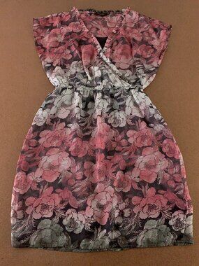 The Limited Women's Small Pink Gray Floral Short Sleeve Gathered Waist Dress
